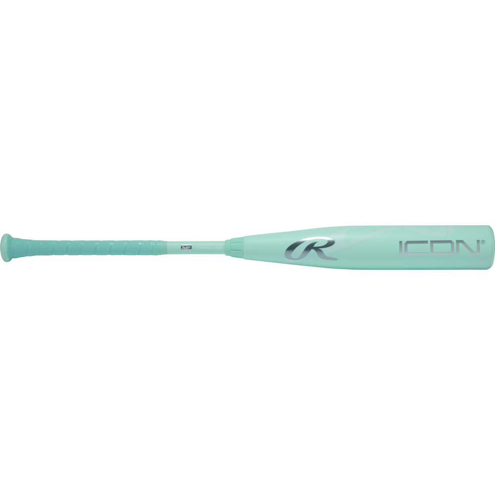 The 2026 Rawlings Icon (-10) 2 3/4" USSSA Baseball Bat (RUT6I10 DEMO) features a teal color, textured grip handle, and displays the Rawlings logo along with "ICON" on the barrel.