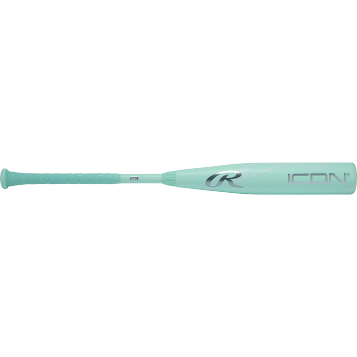 The 2026 Rawlings Icon (-10) 2 3/4" USSSA Baseball Bat (RUT6I10 DEMO) features a teal color, textured grip handle, and displays the Rawlings logo along with "ICON" on the barrel.