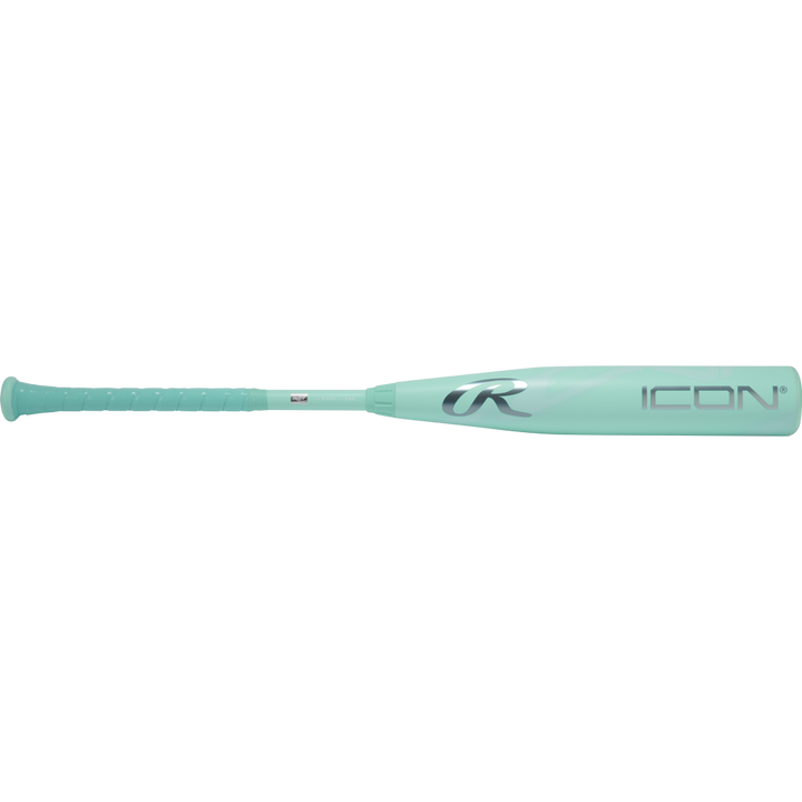 The 2026 Rawlings Icon (-5) 2 3/4" USSSA Baseball Bat (RUT6I5) features a turquoise barrel with ICON and a stylized R logo, plus a textured grip for both style and performance.