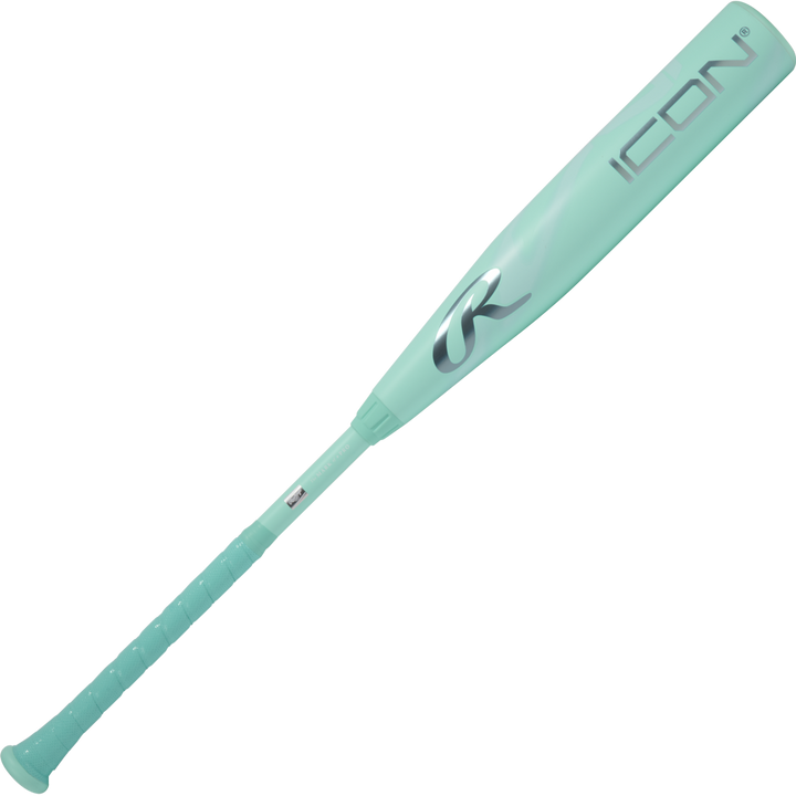 The 2026 Rawlings Icon (-5) 2 3/4" USSSA Baseball Bat (RUT6I5) features a light teal design, textured grip, bold ICON lettering on the barrel, and Rawlings' stylized R logo. Shown on a plain white background.