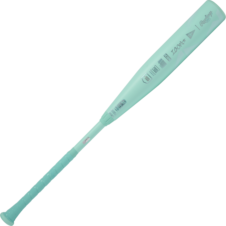 The 2026 Rawlings Icon (-5) 2 3/4" USSSA Baseball Bat (RUT6I5) is shown in light teal with a matching grip, featuring multiple logos and text on the carbon composite barrel, displayed on a plain white background.
