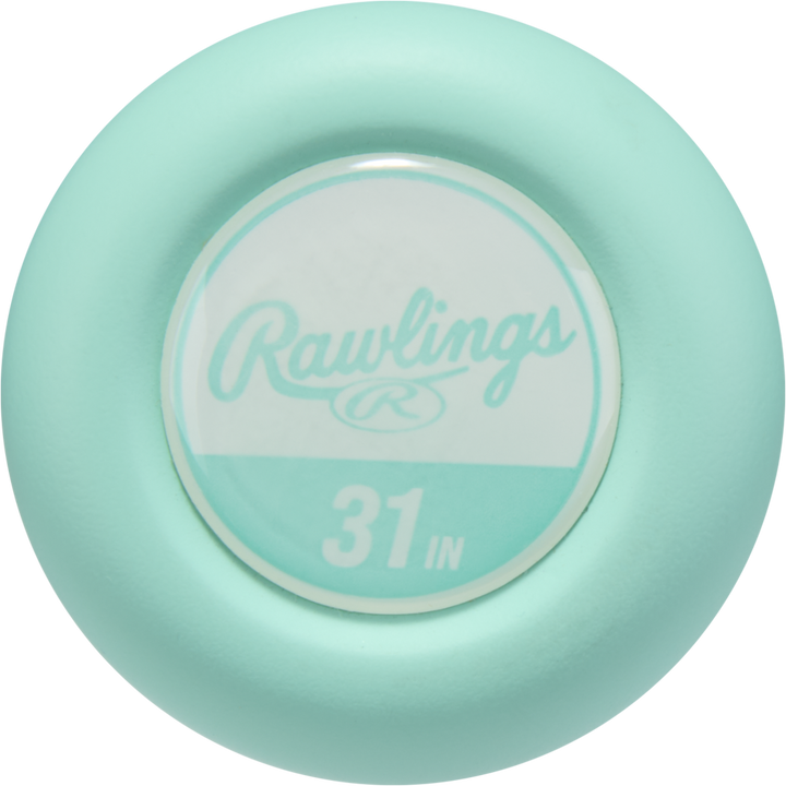 Close-up of the mint green knob on the 2026 Rawlings Icon (-5) 2 3/4" USSSA Baseball Bat (RUT6I5), featuring a circular Rawlings 31 IN label in white and teal, showcasing its carbon composite construction.