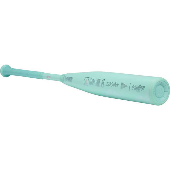 The 2026 Rawlings Icon (-5) 2 3/4" USSSA Baseball Bat (RUT6I5) features a light teal design, grip tape handle, and printed logos—delivering style and top performance for young players. Displayed on a white background.