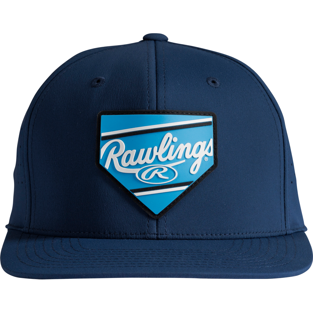The Rawlings Home Plate Performance Flat Bill Snapback Hat (RWPBH) is a navy blue snapback featuring a blue and white Rawlings logo patch in the shape of a home plate on the front.