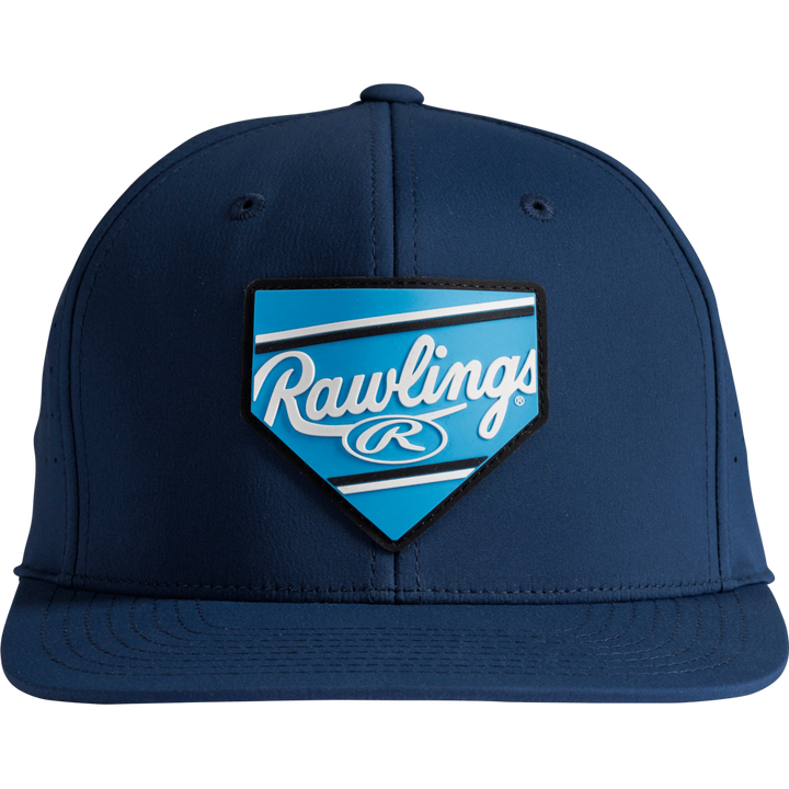 The Rawlings Home Plate Performance Flat Bill Snapback Hat (RWPBH) is a navy blue snapback featuring a blue and white Rawlings logo patch in the shape of a home plate on the front.