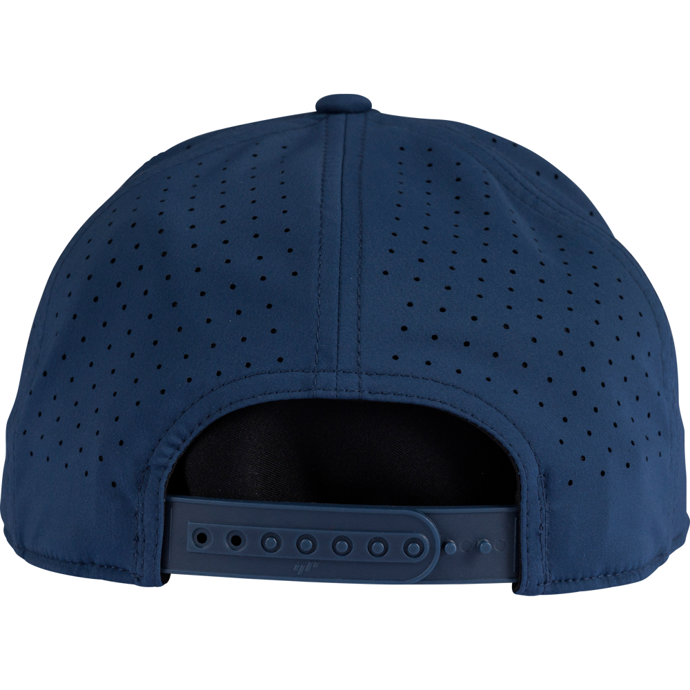 The Rawlings Home Plate Performance Flat Bill Snapback Hat (RWPBH) in navy features small ventilation holes and an adjustable snapback closure for a comfortable, customizable fit.