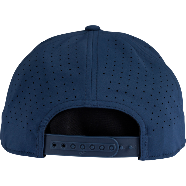 The Rawlings Home Plate Performance Flat Bill Snapback Hat (RWPBH) in navy features small ventilation holes and an adjustable snapback closure for a comfortable, customizable fit.