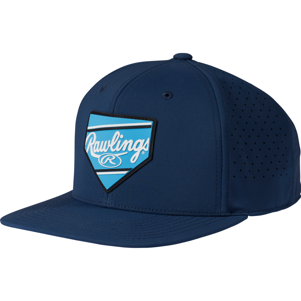The Rawlings Home Plate Performance Flat Bill Snapback Hat (RWPBH) features a navy design with perforated back and sides, a flat brim, and a blue home plate patch displaying the white Rawlings logo—stylish and breathable for any fan.