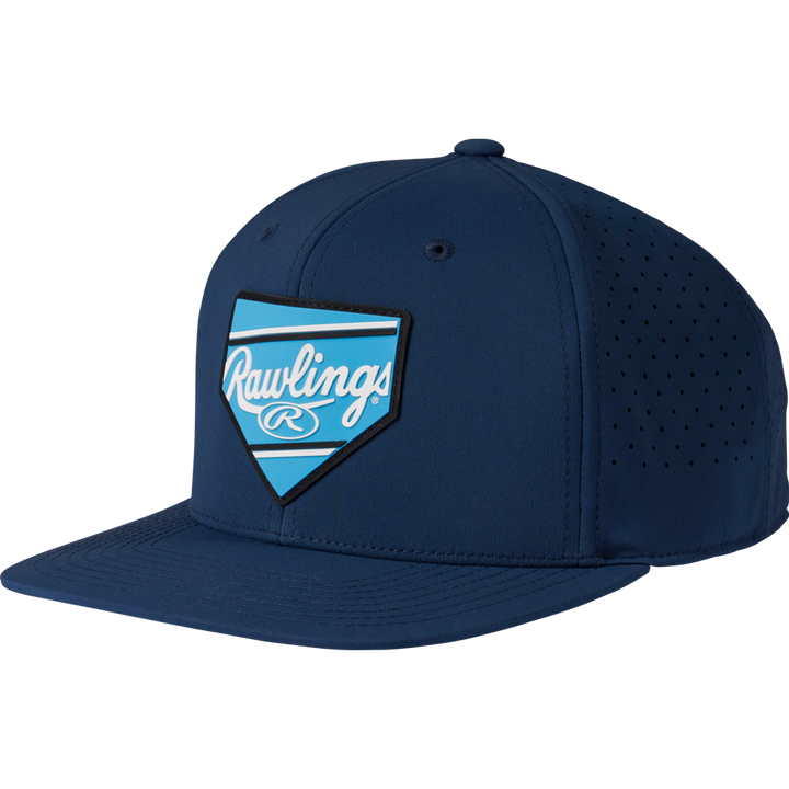 The Rawlings Home Plate Performance Flat Bill Snapback Hat (RWPBH) features a navy design with perforated back and sides, a flat brim, and a blue home plate patch displaying the white Rawlings logo—stylish and breathable for any fan.