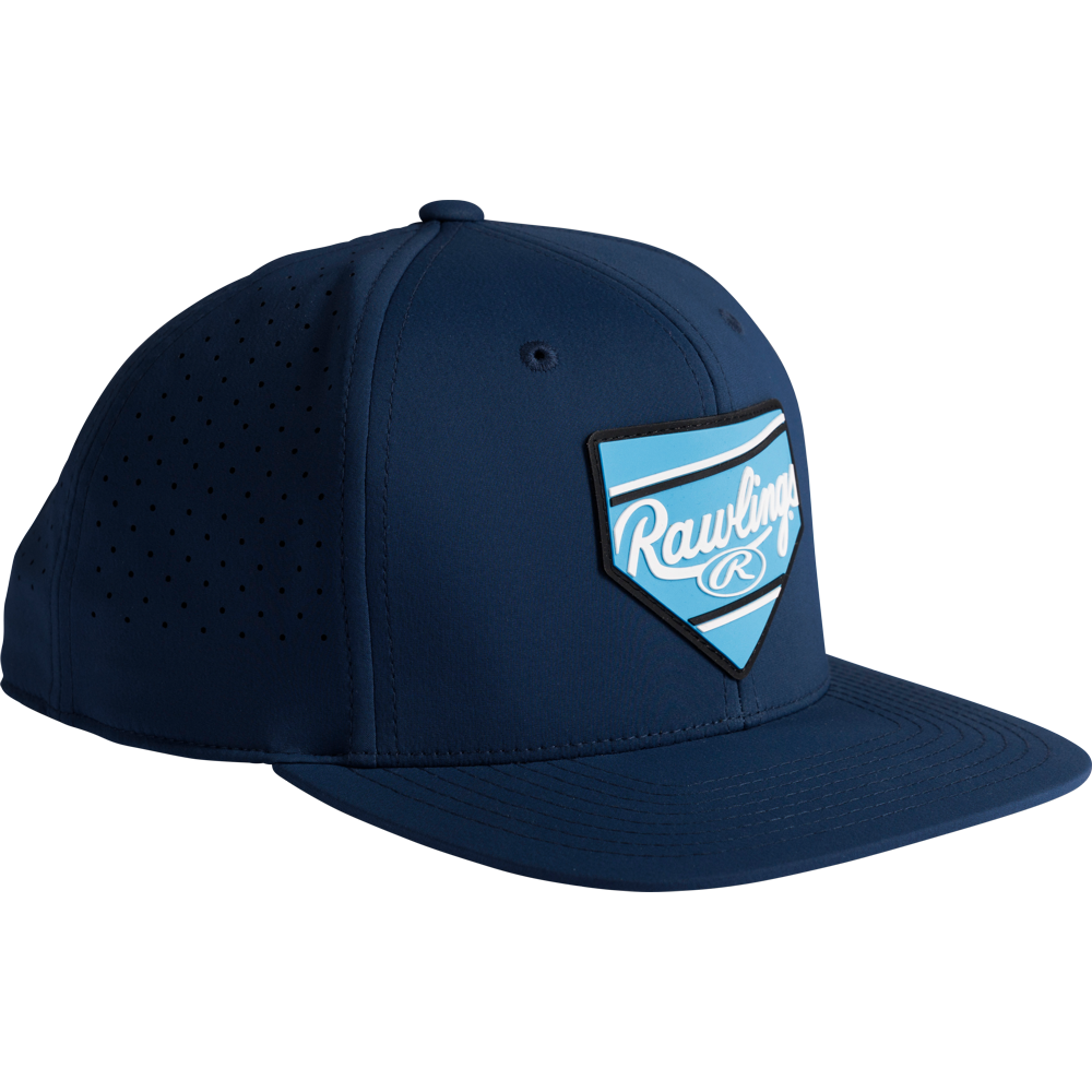 The Rawlings Home Plate Performance Flat Bill Snapback Hat (RWPBH) is a navy blue hat with ventilation holes and a flat brim, featuring a blue and white Rawlings logo patch on the front.