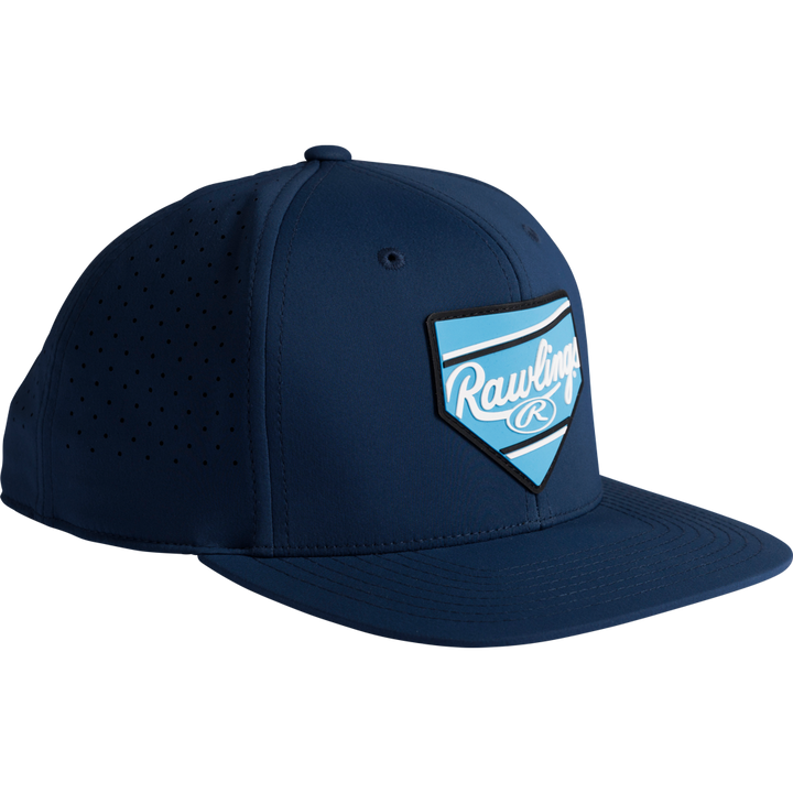 The Rawlings Home Plate Performance Flat Bill Snapback Hat (RWPBH) is a navy blue hat with ventilation holes and a flat brim, featuring a blue and white Rawlings logo patch on the front.