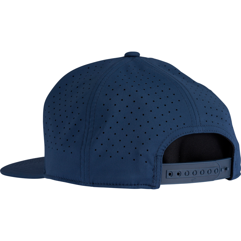 The Rawlings Home Plate Performance Flat Bill Snapback Hat (RWPBH) in navy is shown from the back, featuring ventilation holes, an adjustable plastic snapback strap, and classic baseball cap comfort.