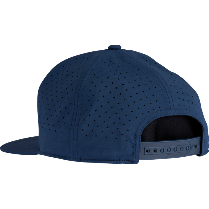The Rawlings Home Plate Performance Flat Bill Snapback Hat (RWPBH) in navy is shown from the back, featuring ventilation holes, an adjustable plastic snapback strap, and classic baseball cap comfort.