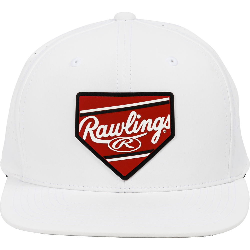The Rawlings Home Plate Performance Flat Bill Snapback Hat (RWPBH) is a white hat with a red home plate-shaped patch displaying the Rawlings name and stylized R logo on the front.