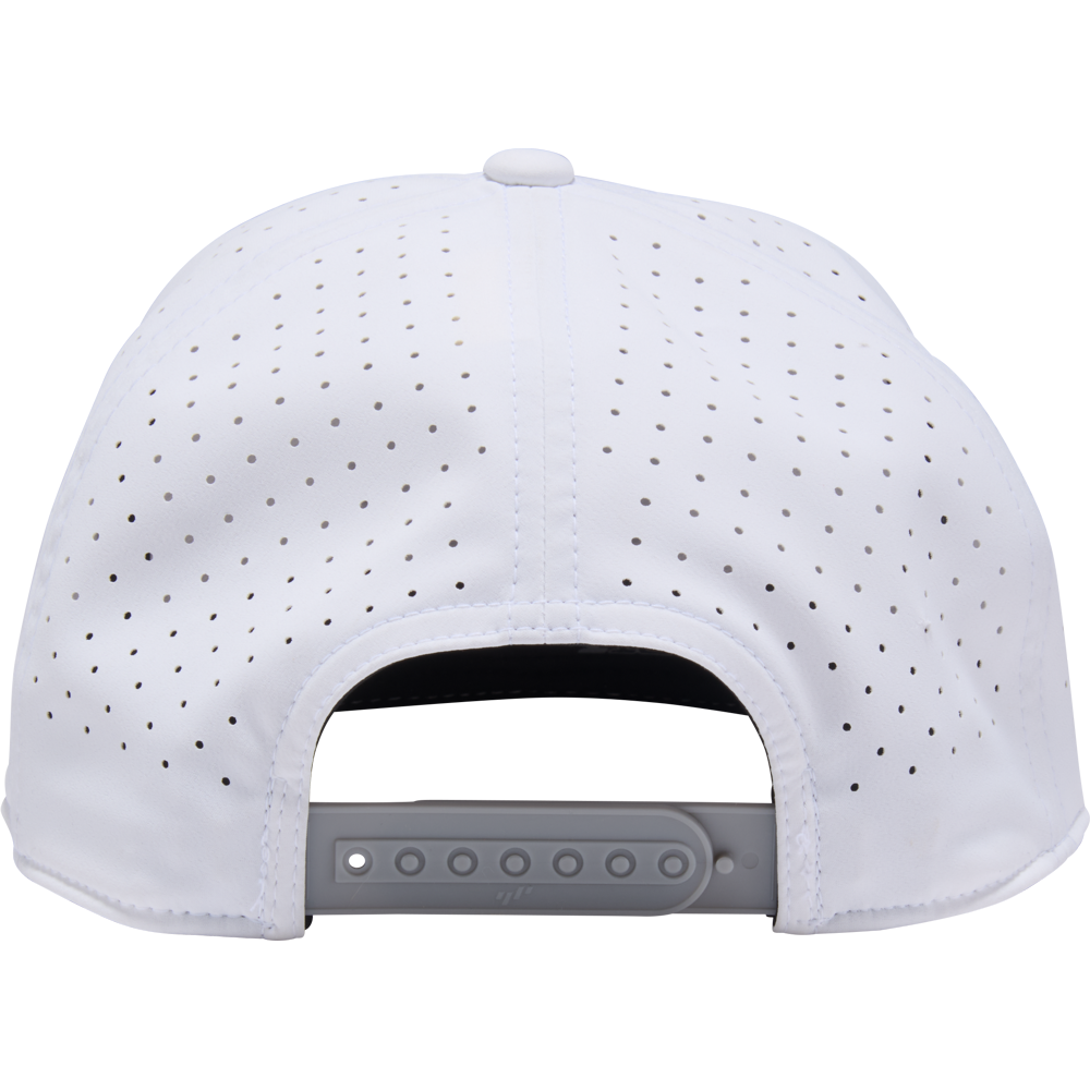 Back view of the Rawlings Home Plate Performance Flat Bill Snapback Hat (RWPBH) in white, featuring perforated panels and a gray adjustable snapback closure, designed by Rawlings in a classic baseball cap style.