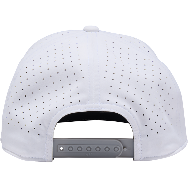 Back view of the Rawlings Home Plate Performance Flat Bill Snapback Hat (RWPBH) in white, featuring perforated panels and a gray adjustable snapback closure, designed by Rawlings in a classic baseball cap style.