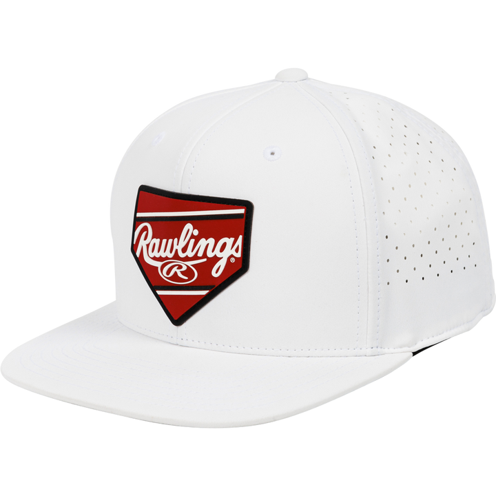 The Rawlings Home Plate Performance Flat Bill Snapback Hat (RWPBH) features side ventilation holes and a red and black home plate-shaped logo patch on the front—a perfect choice for baseball fans.