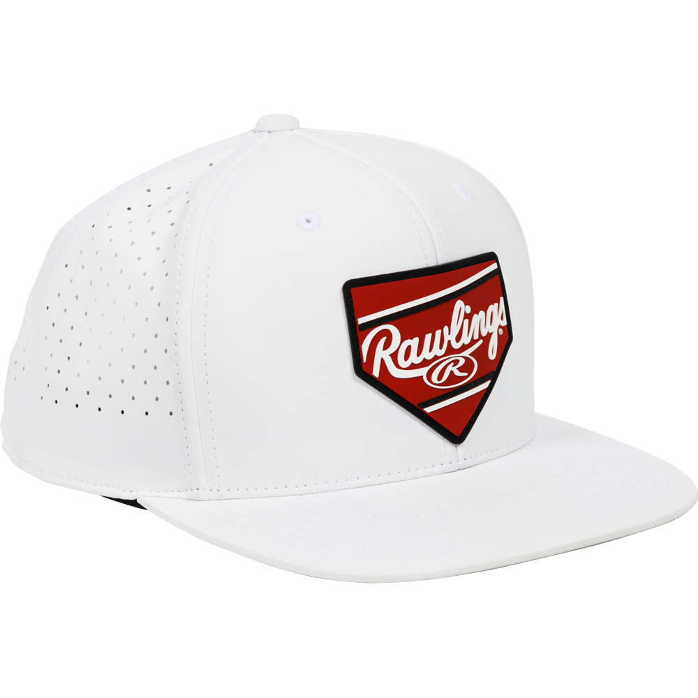 The Rawlings Home Plate Performance Flat Bill Snapback Hat (RWPBH) features side ventilation holes and a red home plate-shaped Rawlings logo patch—making it a stylish and functional pick for any baseball fan.