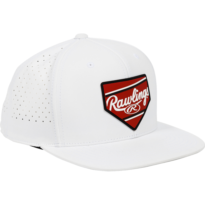 The Rawlings Home Plate Performance Flat Bill Snapback Hat (RWPBH) features side ventilation holes and a red home plate-shaped Rawlings logo patch—making it a stylish and functional pick for any baseball fan.