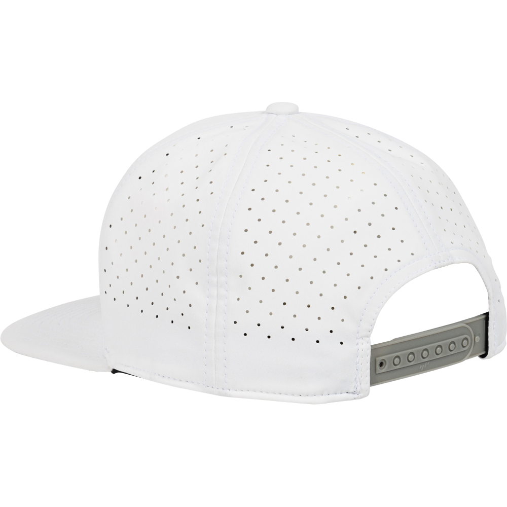 The Rawlings Home Plate Performance Flat Bill Snapback Hat (RWPBH) is a white hat with an adjustable gray closure and ventilation holes for comfort, perfect for performance.