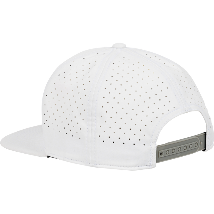 The Rawlings Home Plate Performance Flat Bill Snapback Hat (RWPBH) is a white hat with an adjustable gray closure and ventilation holes for comfort, perfect for performance.