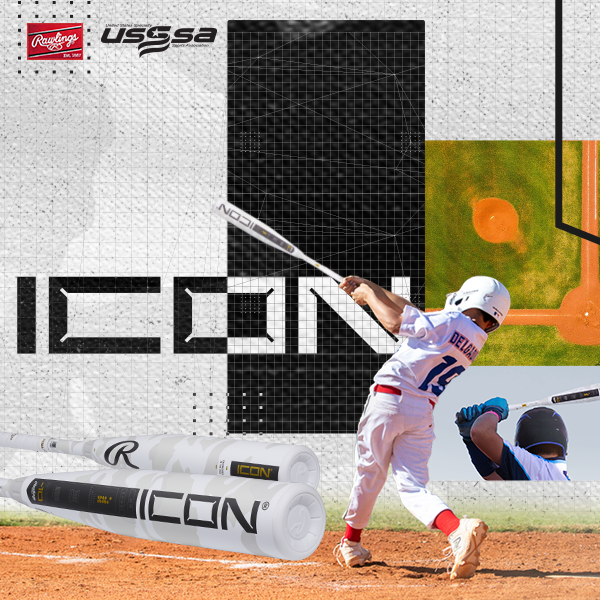 A young baseball player swings a bat on the field, featuring the Rawlings and USSSA logos and two 2025 Rawlings Icon (-10) 2 3/4" USSSA Baseball Bats (RUT5I10), with an aerial view of a diamond in the background.