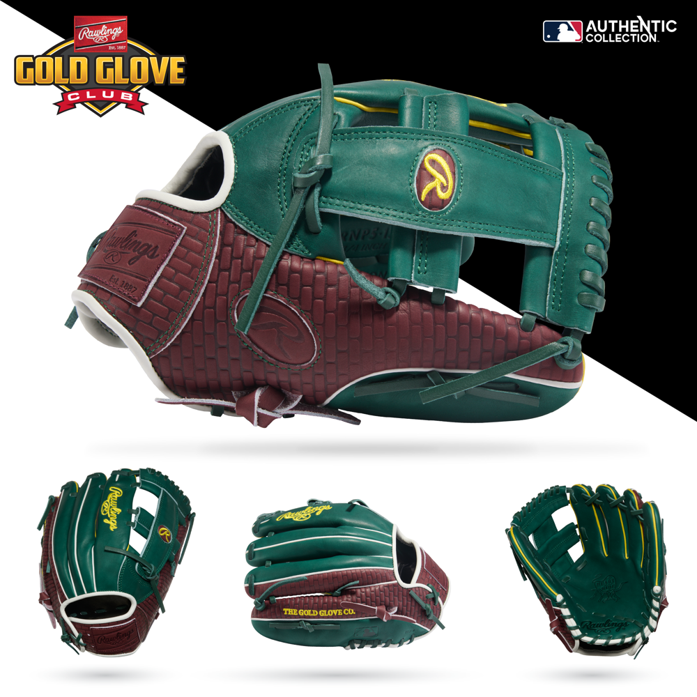 The Rawlings Heart of the Hide 11.75" Baseball Glove - RGGC September 2025 (PRORNP5-13DG) is shown in green and brown with gold stitching, "Gold Glove Club" text, textured leather, and the Authentic Collection logo in the top right.