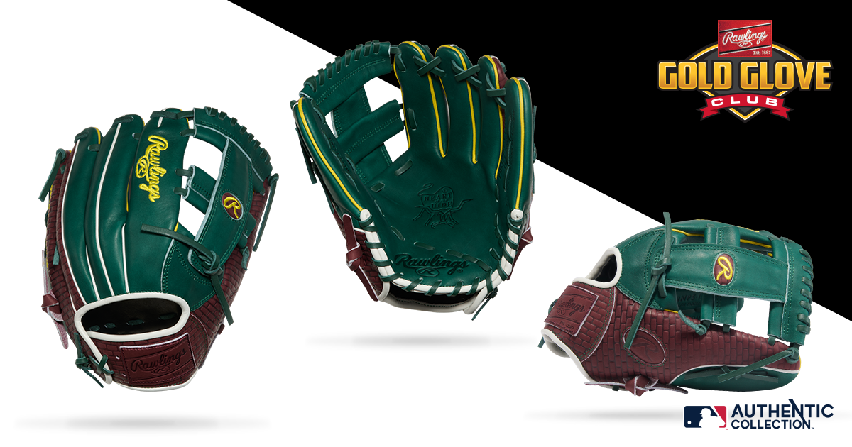 Three views of a Rawlings baseball glove in green and maroon with yellow accents, displayed on a black and white background. Logos for “Gold Glove Club” and “Authentic Collection” appear in the image.