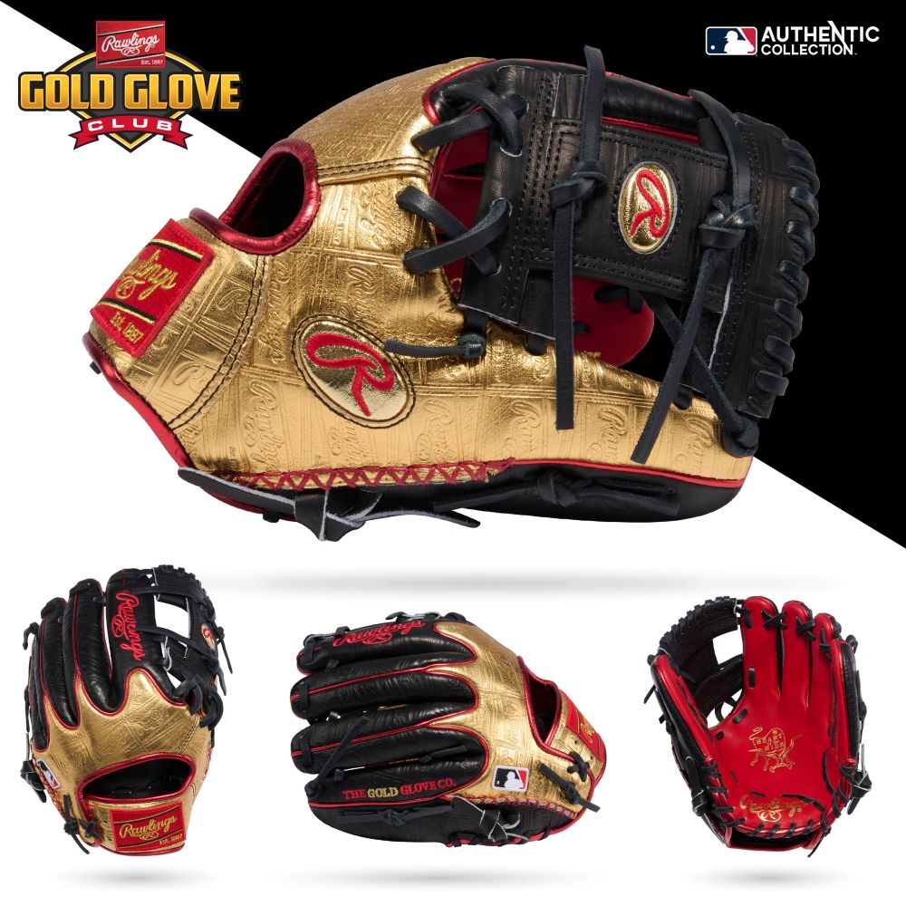 The Rawlings Heart of the Hide 11.5" Baseball Glove (RGGC June 2026: PROGOLDYX) features a gold and black design with red stitching, embossed patterns, and the Rawlings logo, displayed from several angles on a white background.