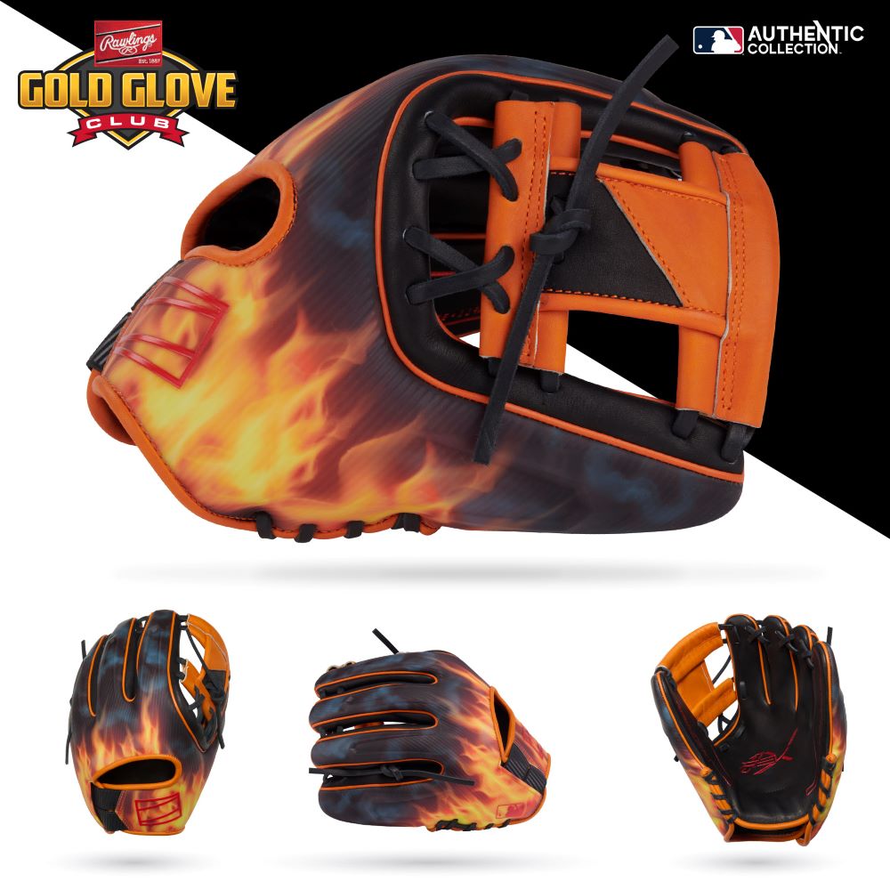 The Rawlings REV1X 11.75" Baseball Glove (REV205-2BO) features a black and orange leather design with black laces, a dynamic flame pattern, and Gold Glove Club branding, as shown from multiple angles.