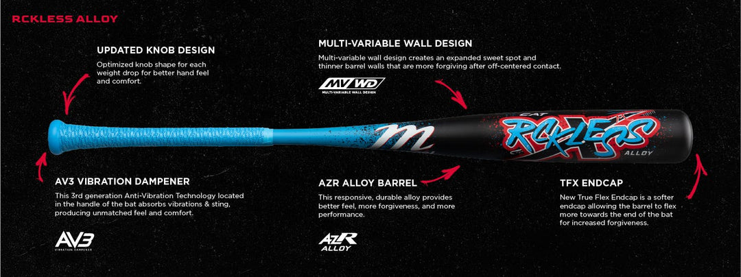 The 2026 Marucci CAT X RCKLESS (-8) USSSA Baseball Bat (MSBCR8) features a black design with blue grip, updated knob shape, multi-variable wall design, AV3 vibration dampener, AZR alloy barrel, and TFX endcap for enhanced performance.