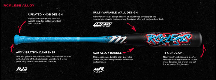 The 2026 Marucci CAT X RCKLESS (-8) USSSA Baseball Bat (MSBCR8) features a black design with blue grip, updated knob shape, multi-variable wall design, AV3 vibration dampener, AZR alloy barrel, and TFX endcap for enhanced performance.