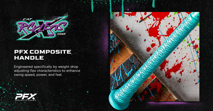 A turquoise-textured Marucci CAT X RCKLESS Composite (-5) USSSA Baseball Bat (MSBCRC5) lies diagonally on a red and blue splattered wooden surface, featuring the PFX composite handle engineered for swing speed, power, and feel.