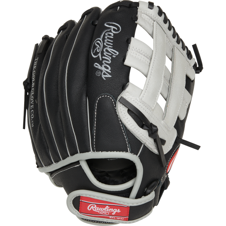 The Rawlings Sure Catch 11" Aaron Judge Youth Baseball Glove (SC110AJ) features black and white design with white laces and stitching, plus the Rawlings logo on the wrist strap—ideal for young baseball players.