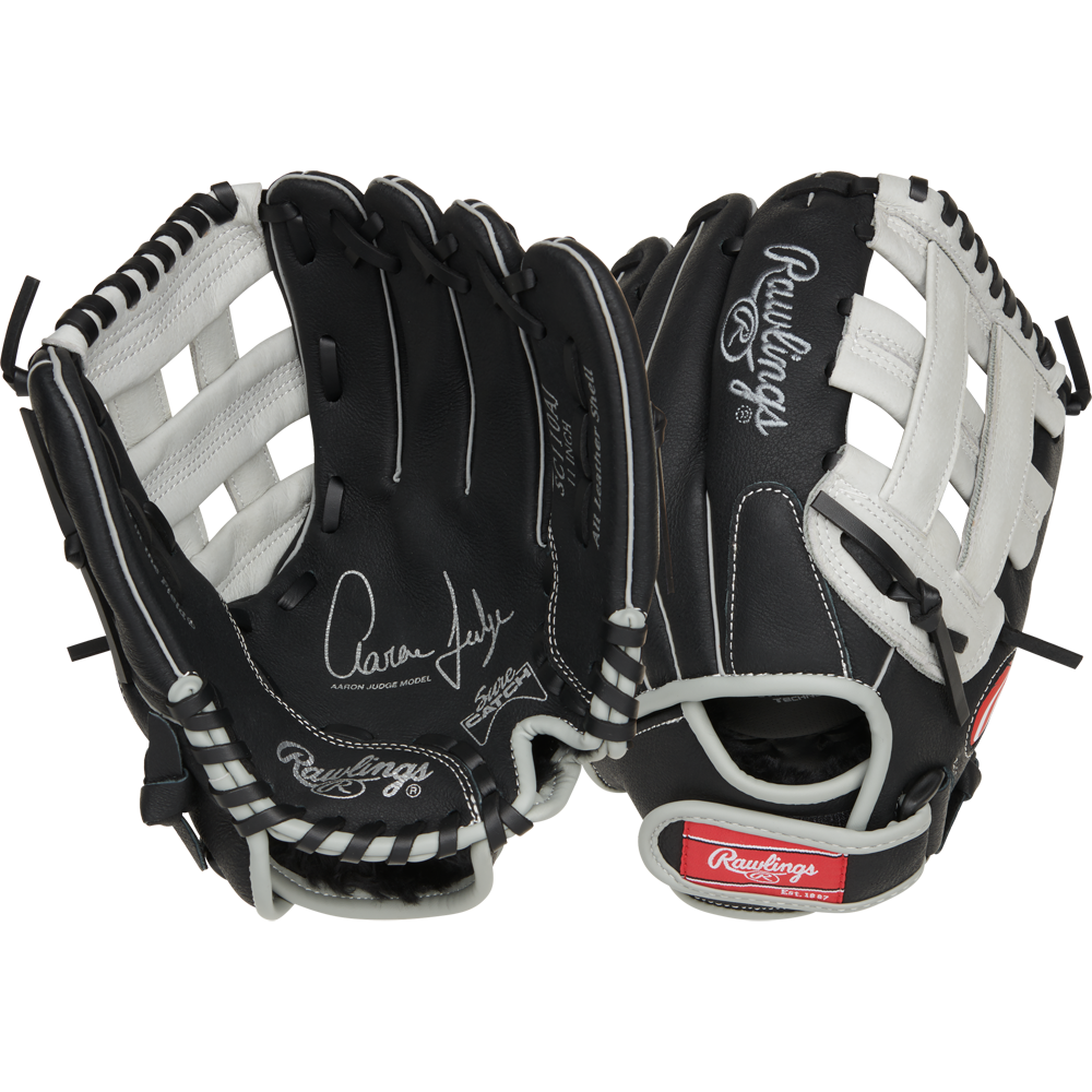 Two black and white Rawlings Sure Catch 11" Aaron Judge Youth Baseball Gloves (model SC110AJ) with autographs, white laces, and the Rawlings logo on the thumb and wrist strap are shown showing both palm and back sides.