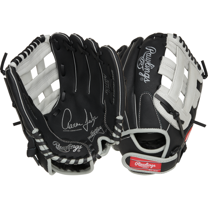 Two black and white Rawlings Sure Catch 11" Aaron Judge Youth Baseball Gloves (model SC110AJ) with autographs, white laces, and the Rawlings logo on the thumb and wrist strap are shown showing both palm and back sides.