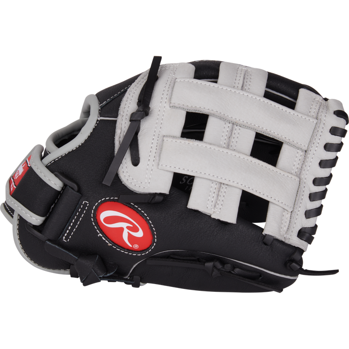 The Rawlings Sure Catch 11" Aaron Judge Youth Baseball Glove (SC110AJ) features a black and white design with white laces and a red Rawlings logo on the wrist, shown on a plain white background.