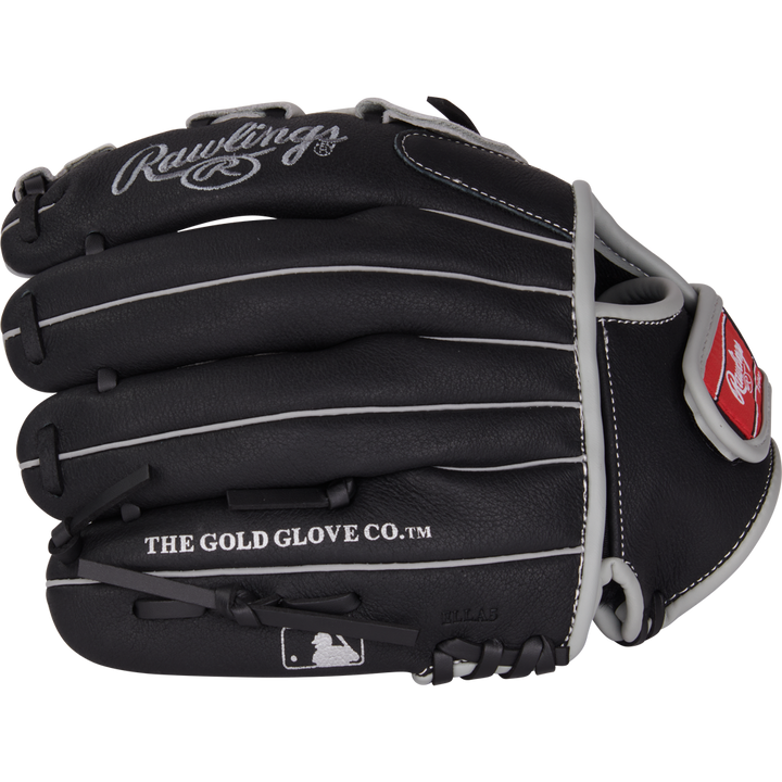 The Rawlings Sure Catch 11" Aaron Judge Youth Baseball Glove (SC110AJ) is a black glove with white laces and stitching, THE GOLD GLOVE CO.™ on the side, the Rawlings logo on the wrist strap, and Sure Catch tech for young players.