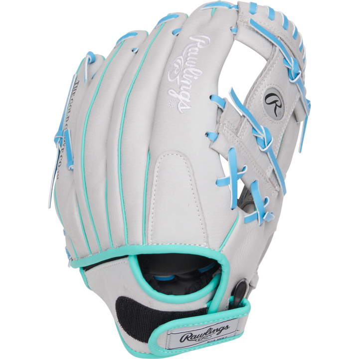 The Rawlings Sure Catch 11.5" Francisco Lindor Youth Baseball Glove (SC115FL) is a white glove with light blue laces and trim, featuring the Rawlings logo on the wrist strap and webbing. The glove is shown with its palm facing away.