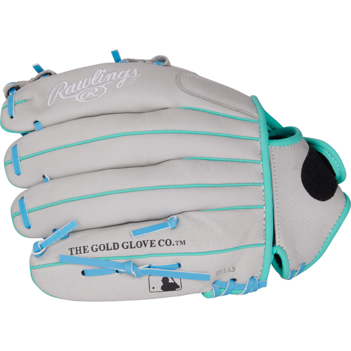 The Rawlings Sure Catch 11.5" Francisco Lindor Youth Baseball Glove (SC115FL) features a light gray design with teal blue laces and trim, THE GOLD GLOVE CO.™ text, the MLB logo near the wrist, and is ideal for young players.
