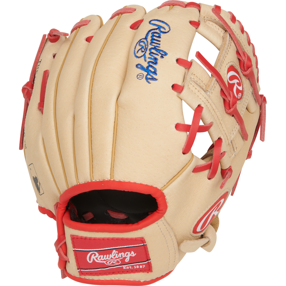 The Rawlings Sure Catch 9.5" Jeremy Pena Youth Baseball Glove (SC950JP) is a tan glove with red laces and trim, blue embroidered Rawlings logo on top, and a red patch on the wrist strap.