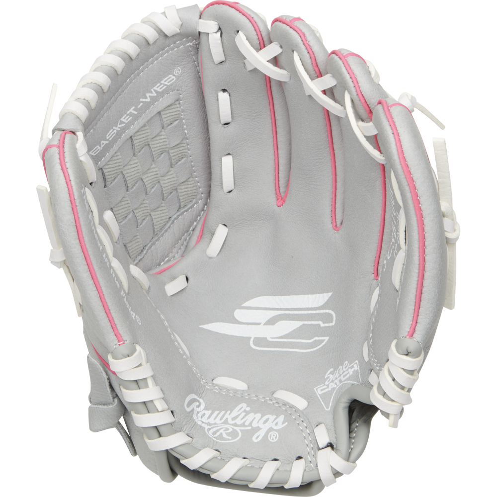 The Rawlings Sure Catch 10" Fastpitch Glove (SCSB100P) is a gray youth softball glove with white laces and pink accents, featuring branding logos on the palm—perfect for young players.