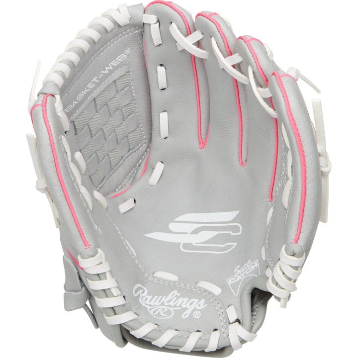 The Rawlings Sure Catch 10" Fastpitch Glove (SCSB100P) is a gray youth softball glove with white laces and pink accents, featuring branding logos on the palm—perfect for young players.