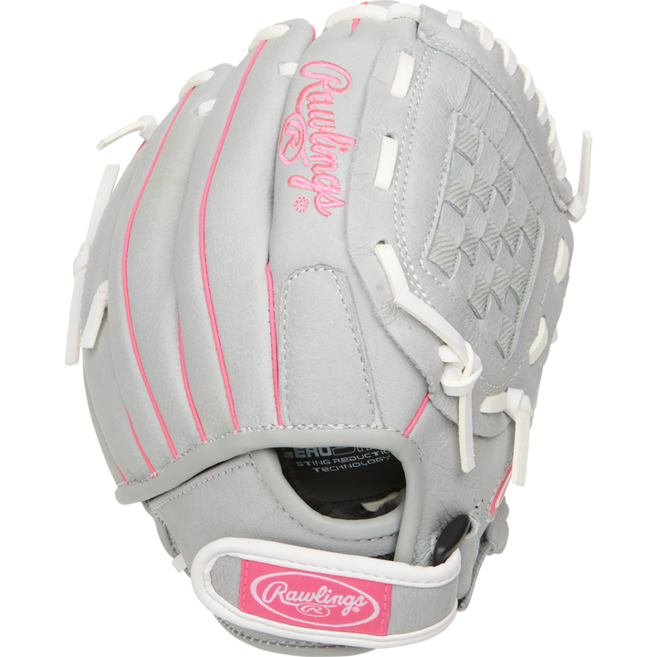 The Rawlings Sure Catch 10" Fastpitch Glove (SCSB100P) is a gray youth softball glove with white laces, pink accents, and the Rawlings logo on the back and wrist strap, shown against a white background.
