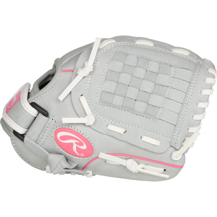 The Rawlings Sure Catch 10" Fastpitch Glove (SCSB100P) is a youth softball glove in gray and pink with white laces and a woven web, shown against a plain white background.