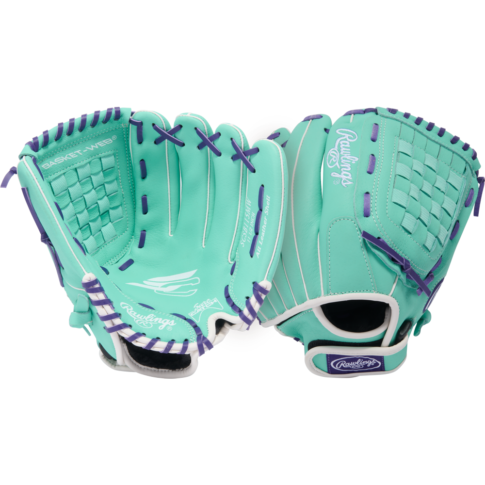 The Rawlings Sure Catch 11.5" Fastpitch Glove (SCSB115MW) features a teal color with purple lacing and accents, making it perfect for youth softball. Shown on a white background.