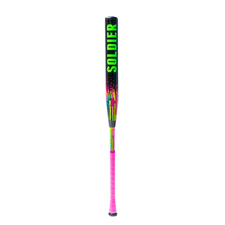 The 2026 Soldier Tank (-10) Fastpitch Softball Bat by Soldier Sports features "SOLDIER" in green on a black barrel with a colorful splatter design, plus a bright pink grip. It offers a light swing weight and is shown against a white background.