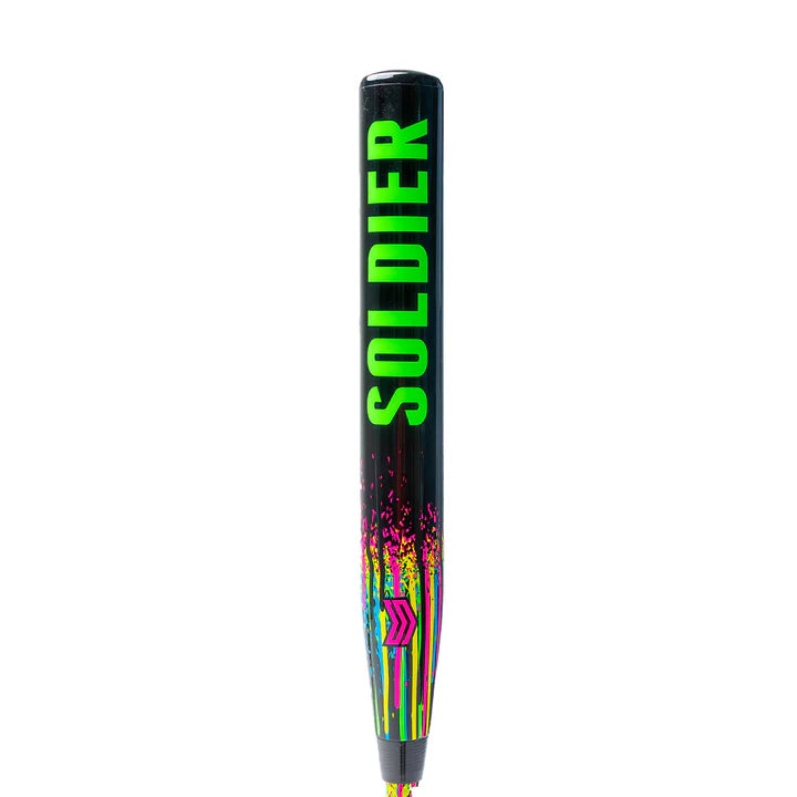 The 2026 Soldier Tank (-10) Fastpitch Softball Bat by Soldier Sports features a black design with neon green SOLDIER text, light swing weight, and colorful paint splatter near the handle.
