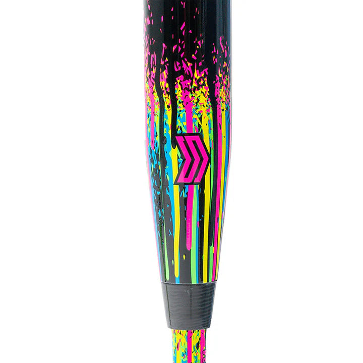 A close-up of the 2026 Soldier Tank (-10) Fastpitch Softball Bat by Soldier Sports shows its black handle with dripping neon paint in pink, yellow, blue, and green, plus a pink chevron logo near the base highlighting its light swing weight.