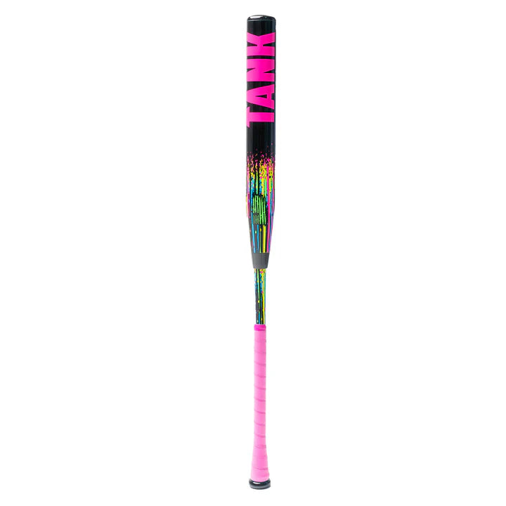 The Soldier Sports 2026 Soldier Tank (-10) Fastpitch Softball Bat (S-10-26-2) features a black barrel, neon pink grip, bold TANK lettering, vibrant graphics, and offers a light swing weight for quick, powerful hits.